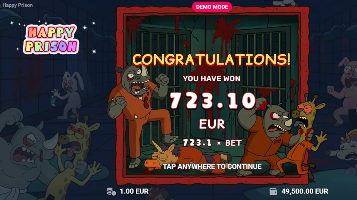 Tampilan layar permainan slot Happy Prison dengan karakter kartun dan grid 6x4